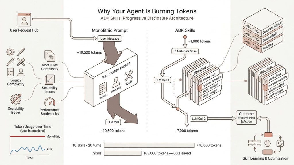Why your agent is burning tokens: monolithic full system prompt (~10,500 tokens per call) vs ADK Skills progressive disclosure (L1 metadata scan, skill selection, ~7,000 tokens); 60% saved over 10 skills and 20 turns.
