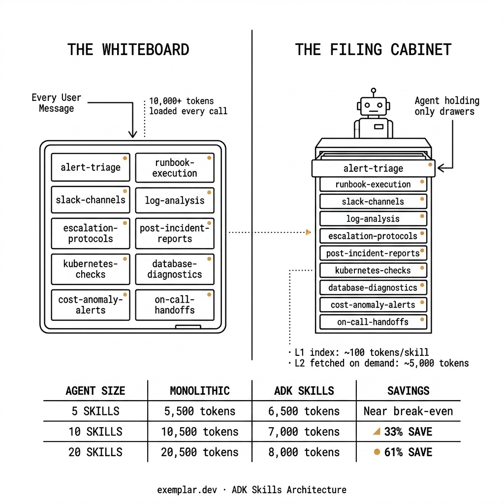 ADK Skills architecture: monolithic whiteboard loads 10,000+ tokens every call vs filing cabinet with L1 index and L2 fetched on demand.