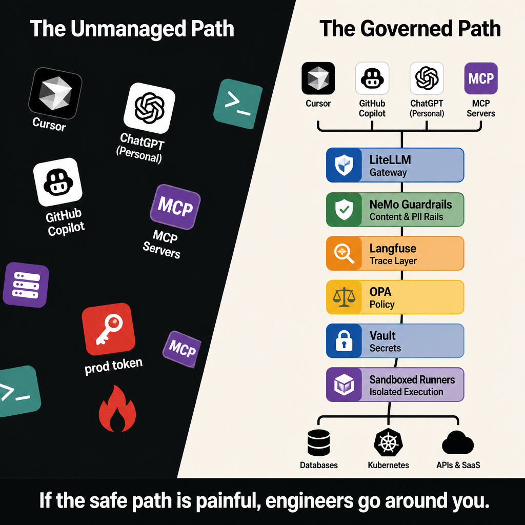 The Two Paths: unmanaged AI on the left — Cursor, Copilot, personal ChatGPT, MCP servers, and a prod token scattered toward a fire — versus the governed path on the right, where the same tools flow through LiteLLM, NeMo Guardrails, Langfuse, OPA, Vault, and sandboxed runners before reaching databases, Kubernetes, and APIs. Caption: If the safe path is painful, engineers go around you.