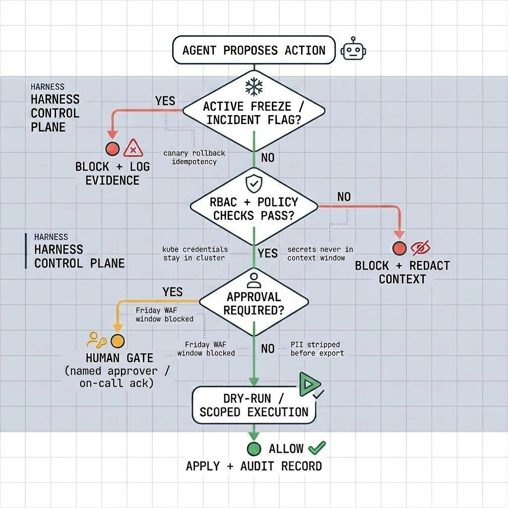 Decision flow when an agent proposes an action: harness control plane checks active freeze or incident flag (block and log if yes), RBAC and policy (block and redact context if fail), approval required (human gate with named approver or on-call ack if yes), then dry-run or scoped execution, then allow with apply and audit record. Side notes include canary rollback idempotency, kube credentials stay in cluster, secrets never in context window, Friday WAF window blocked, PII stripped before export.