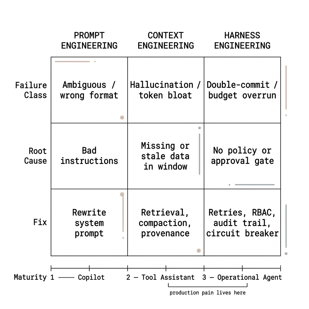 Failure map matrix: for prompt engineering—ambiguous or wrong format, bad instructions, fix by rewriting system prompt; for context engineering—hallucination or token bloat, missing or stale data in window, fix via retrieval compaction and provenance; for harness engineering—double-commit or budget overrun, no policy or approval gate, fix with retries RBAC audit trail and circuit breaker; maturity timeline from Copilot through Tool Assistant to Operational Agent with production pain between stages two and three.