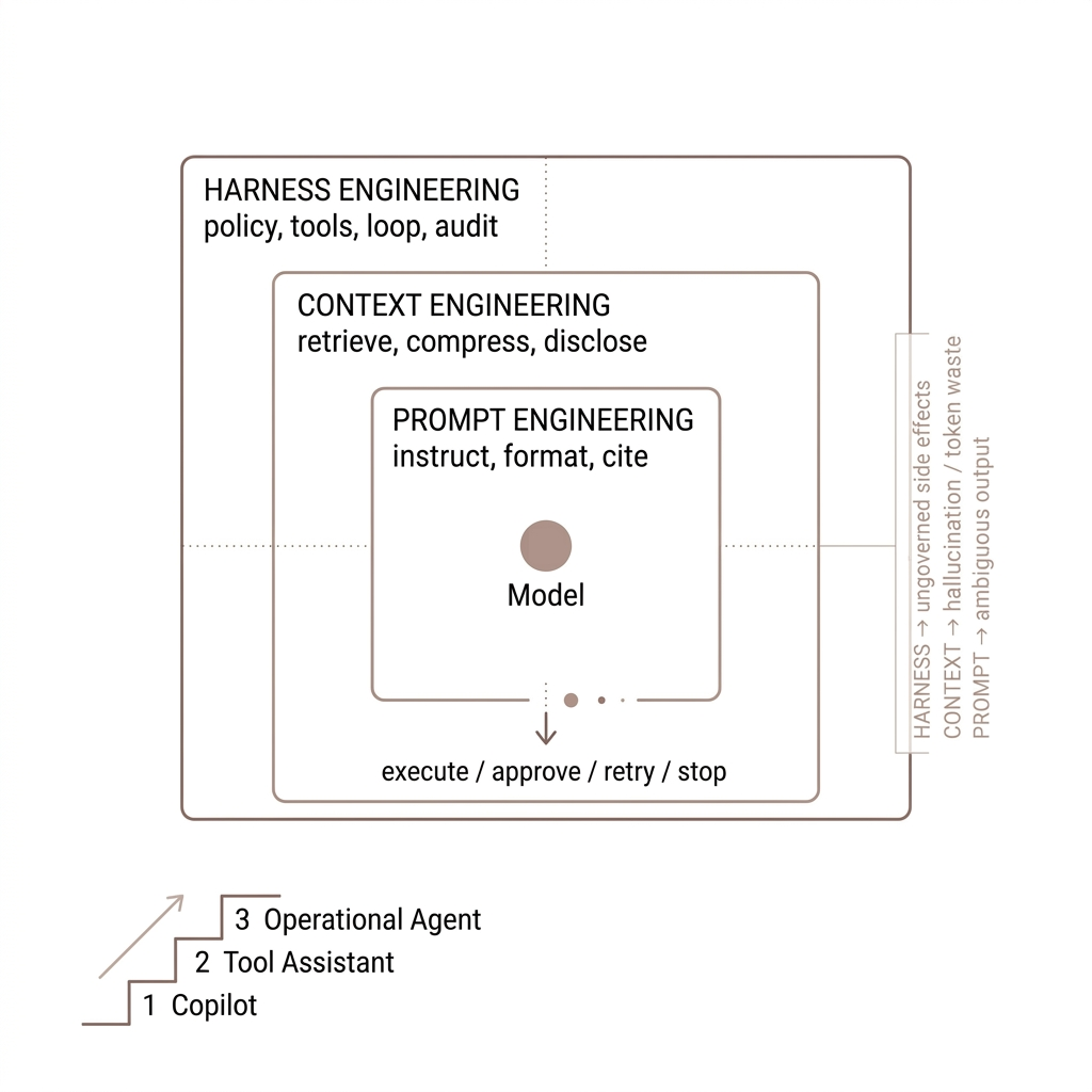 Nested layers around a model: harness engineering (policy, tools, loop, audit) wraps context engineering (retrieve, compress, disclose), which wraps prompt engineering (instruct, format, cite); failure modes listed as ungoverned side effects, hallucination or token waste, and ambiguous output; maturity staircase from Copilot to Tool Assistant to Operational Agent.
