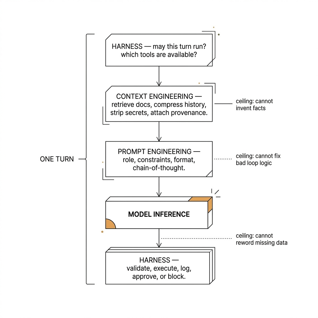 One turn flow: harness gate (may this turn run, which tools), context engineering (retrieve docs, compress history, strip secrets, attach provenance), prompt engineering (role, constraints, format, chain-of-thought), model inference, then harness again (validate, execute, log, approve, or block) with ceilings noted at each stage.