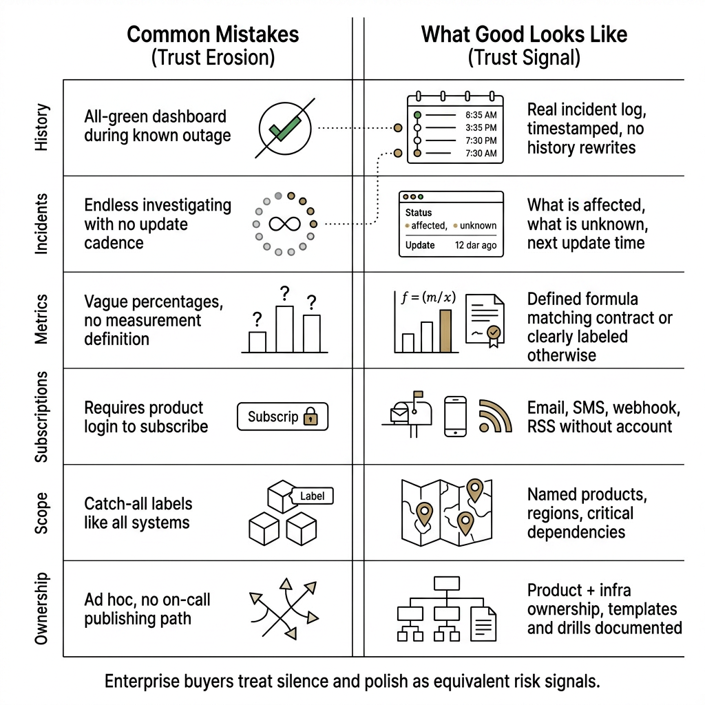 Comparison of common status page mistakes that erode trust versus what good looks like, across history, incidents, metrics, subscriptions, scope, and ownership.